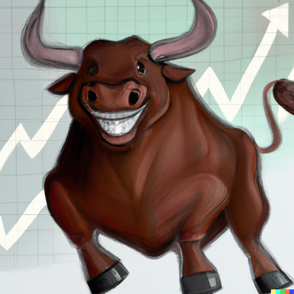 a realistic painting of a brown happy cyber-bull with a fast-growing Nasdaq chart on the background